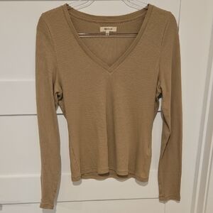 Madewell Camel Ribbed V-Neck Long Sleeve Top